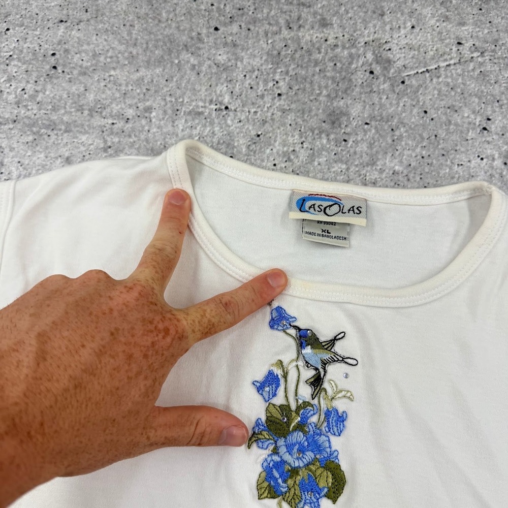 Las Olas White Hummingbird Floral Embroidered Crop Top Cotton Womens XL - Picture 3 of 11